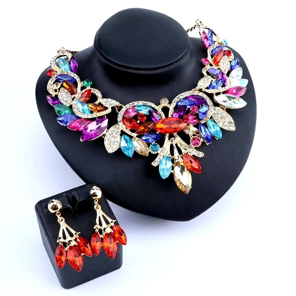 18K gold plated multi color rainbow crystal Necklace earrings set - Picture 13 of 16